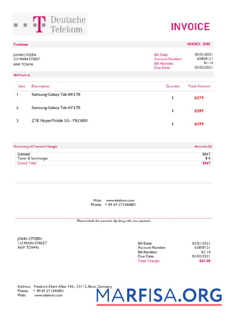 Printable USA Deutsche Telecom invoice sample